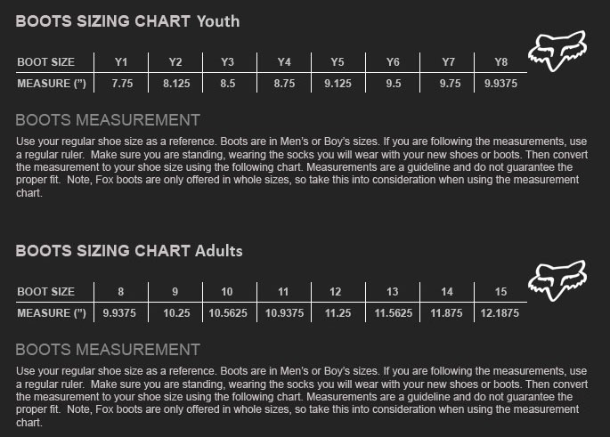 Fox Youth Boots Size Chart
